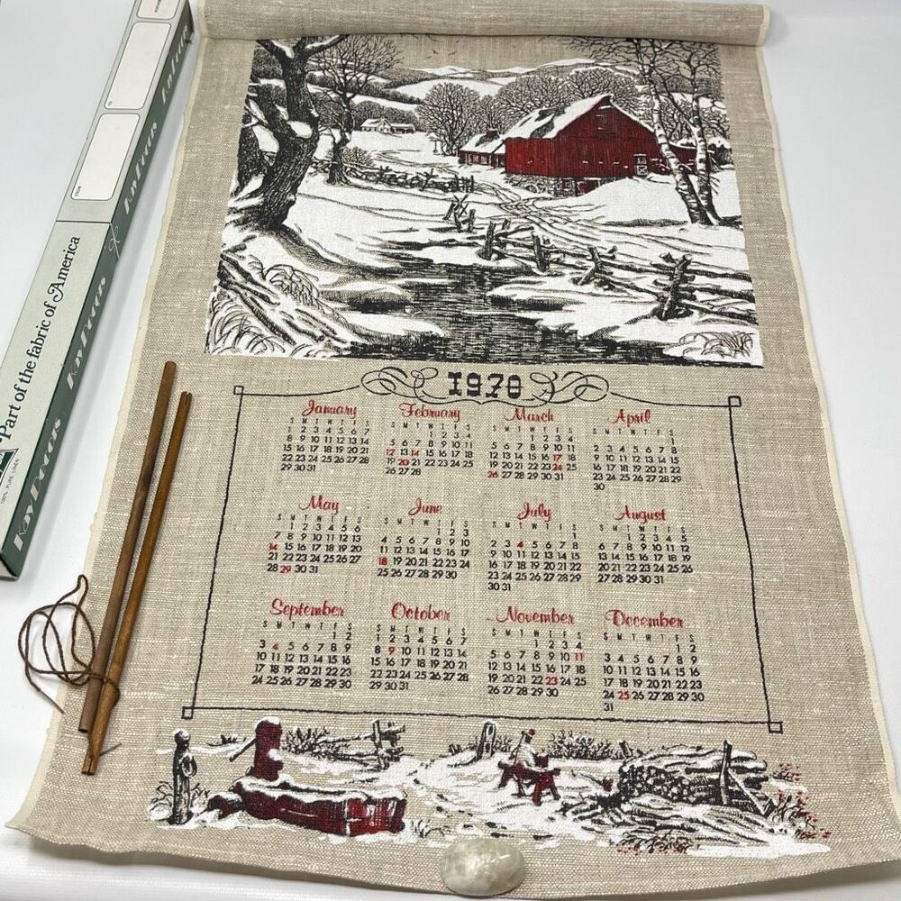 Kay Dee Hand Prints 100% Linen Fabric Hanging Calendar 1970 Snowy Barn